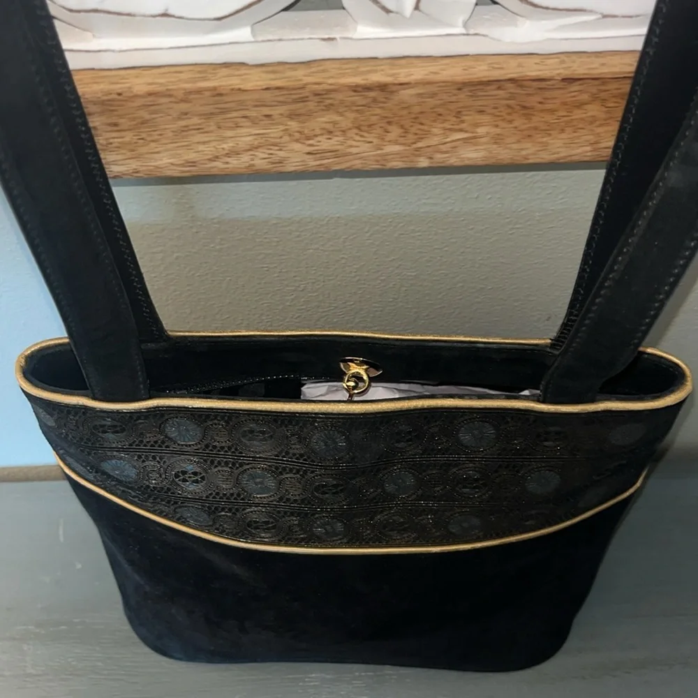 Salvatore Ferragmo Elegant Black Suede Bucket Shoulder Bag w Gold Accents EUC